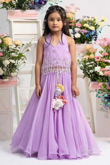 Kirti Agarwal - Pret N Couture_Purple Silk, Cotton, Organza, Viscose Embroidered Halter Neck Top With Lehenga _Online_at_Aza_Fashions