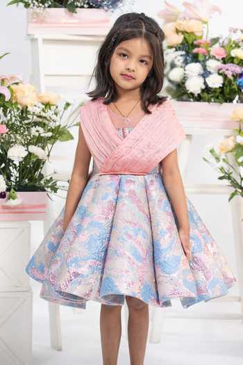 Kirti Agarwal - Pret N Couture_Pink Organza, Jacquard Blush Pleated Flared Dress _Online_at_Aza_Fashions