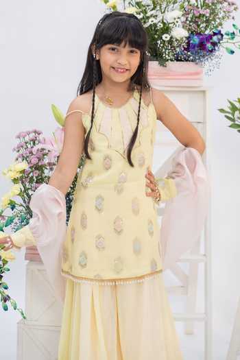 Kirti Agarwal - Pret N Couture_Yellow Organza, Georgette Embroidered Kurta Sharara Set _Online_at_Aza_Fashions