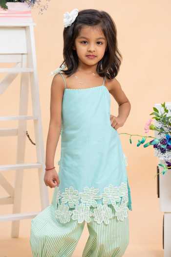 Buy_Kirti Agarwal - Pret N Couture_Mint Silk, Cotton Lace Work Kurta And Dhoti Pant Set _Online_at_Aza_Fashions