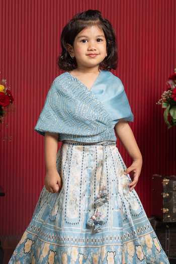 Kirti Agarwal - Pret N Couture_Blue Silk, Organza, Georgette Draped Blouse And Printed Lehenga Set _Online_at_Aza_Fashions