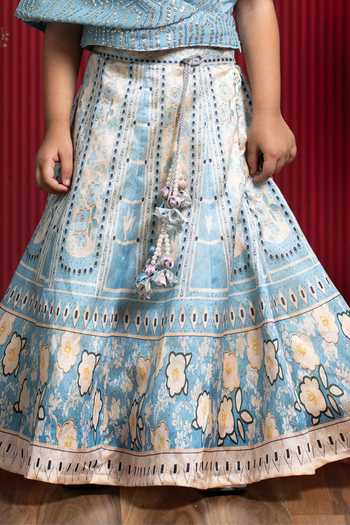 Buy_Kirti Agarwal - Pret N Couture_Blue Silk, Organza, Georgette Draped Blouse And Printed Lehenga Set _Online_at_Aza_Fashions