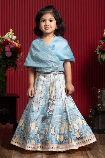 Shop_Kirti Agarwal - Pret N Couture_Blue Silk, Organza, Georgette Draped Blouse And Printed Lehenga Set _Online_at_Aza_Fashions