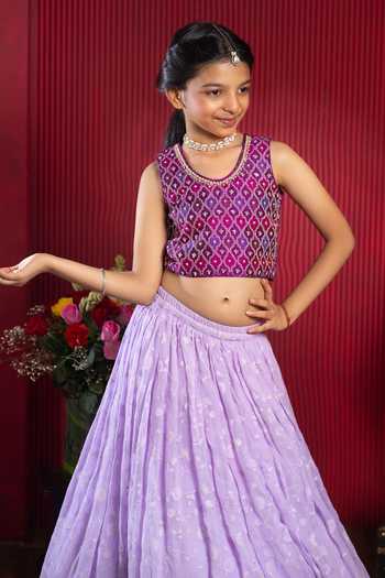 Shop_Kirti Agarwal - Pret N Couture_Purple Silk, Cotton, Georgette Floral Embroidered Lehenga And Blouse Set _Online_at_Aza_Fashions