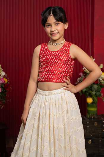 Buy_Kirti Agarwal - Pret N Couture_Red Silk, Georgette Thread Work Lehenga And Blouse Set _Online_at_Aza_Fashions