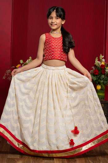 Shop_Kirti Agarwal - Pret N Couture_Red Silk, Georgette Thread Work Lehenga And Blouse Set _Online_at_Aza_Fashions