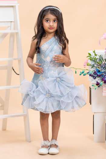 Kirti Agarwal - Pret N Couture_Blue Cotton, Organza, Jacquard One Shoulder Floral Applique Dress _Online_at_Aza_Fashions