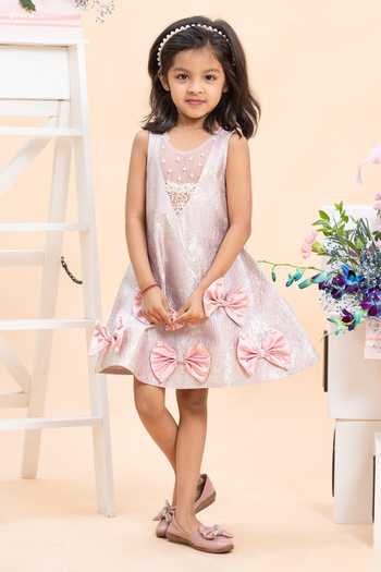 Kirti Agarwal - Pret N Couture_Pink Satin, Jacquard, Net Blush Bow Dress _Online_at_Aza_Fashions