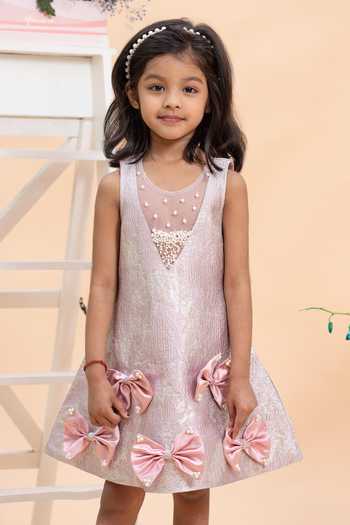 Buy_Kirti Agarwal - Pret N Couture_Pink Satin, Jacquard, Net Blush Bow Dress _Online_at_Aza_Fashions