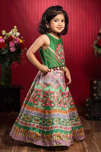 Shop Kirti Agarwal - Pret N Couture Green , Cotton, Chanderi Printed Lehenga And Blouse Set Online at Aza Fashions Shop_Kirti Agarwal - Pret N Couture_Green , Cotton, Chanderi Printed Lehenga And Blouse Set _Online_at_Aza_Fashions
