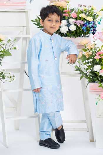 Buy_Kirti Agarwal - Pret N Couture_Blue Silk, Cotton Embroidered Spun Kurta And Pant Set _Online_at_Aza_Fashions
