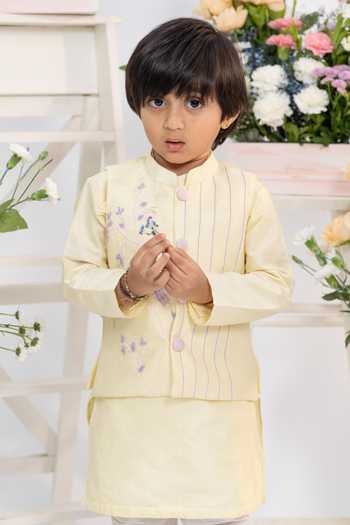 Kirti Agarwal - Pret N Couture_Yellow Silk, Cotton Embroidery Bundi And Kurta Set _Online_at_Aza_Fashions