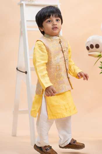 Kirti Agarwal - Pret N Couture_Gold Silk, Cotton Embroidered Bundi And Kurta Set _Online_at_Aza_Fashions