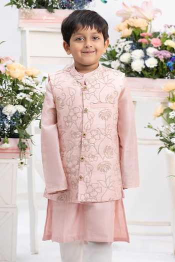 Kirti Agarwal - Pret N Couture_Pink Silk, Cotton Zari Embroidered Floral Bundi And Kurta Set _Online_at_Aza_Fashions