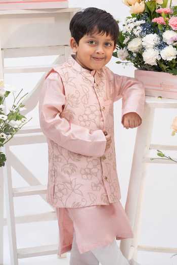 Buy_Kirti Agarwal - Pret N Couture_Pink Silk, Cotton Zari Embroidered Floral Bundi And Kurta Set _Online_at_Aza_Fashions