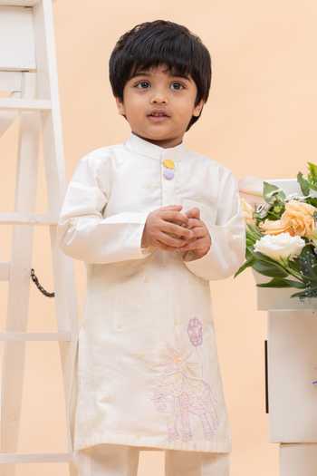 Kirti Agarwal - Pret N Couture_Ivory Silk, Cotton Elephant Embroidered Kurta Set _Online_at_Aza_Fashions