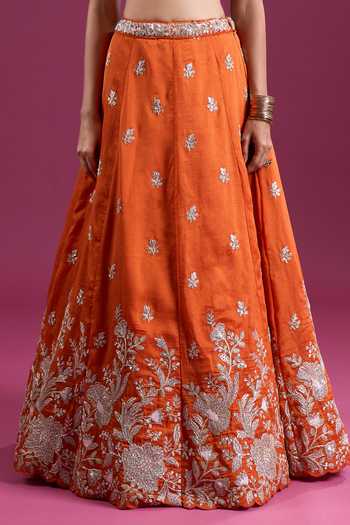 Samyukta Singhania_Orange Tissue V-neck Sequinned And Zari Embroidered Lehenga Set _Online_at_Aza_Fashions