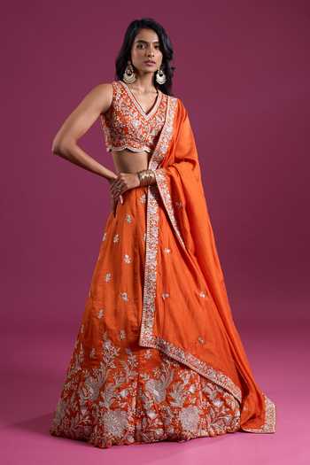 Buy_Samyukta Singhania_Orange Tissue V-neck Sequinned And Zari Embroidered Lehenga Set _Online_at_Aza_Fashions