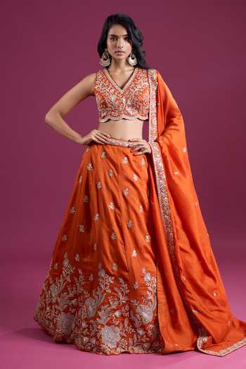 Shop_Samyukta Singhania_Orange Tissue V-neck Sequinned And Zari Embroidered Lehenga Set _Online_at_Aza_Fashions