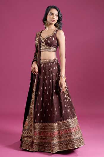 Buy_Samyukta Singhania_Brown Silk Sweetheart Neck Sequins Embroidered Chinnon Lehenga Set 
