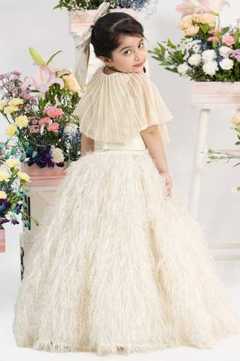 Buy_Kirti Agarwal - Pret N Couture_Ivory Silk, Net, Fur Pleated Shimmer Top With Skirt _Online_at_Aza_Fashions