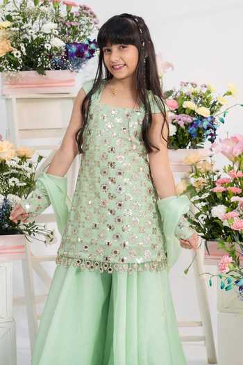 Shop_Kirti Agarwal - Pret N Couture_Mint Silk, Organza, Georgette, Satin Mirror Work Kurta Sharara Set _Online_at_Aza_Fashions