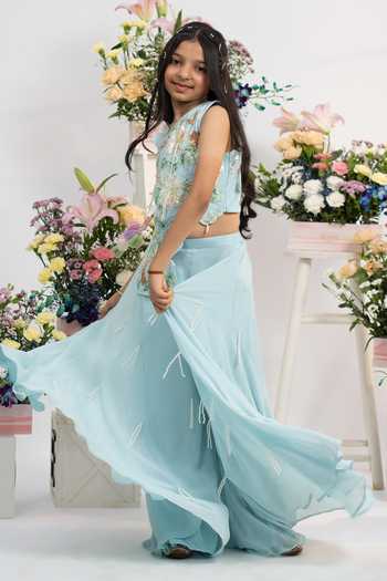 Kirti Agarwal - Pret N Couture_Blue Silk, Georgette, Net Pearls, Beads, Embroidered Top And Flared Palazzo Set _Online_at_Aza_Fashions