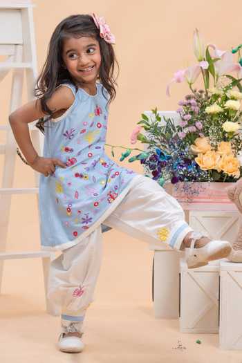 Buy_Kirti Agarwal - Pret N Couture_White Silk, Cotton Embroidery Sky Blue Kurta And Dhoti Pant Set _Online_at_Aza_Fashions