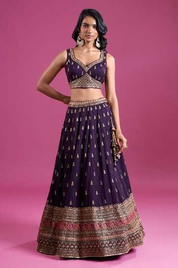 Samyukta Singhania_Purple Silk Sweetheart Neck Sequins Embroidered Chinnon Lehenga Set _Online_at_Aza_Fashions
