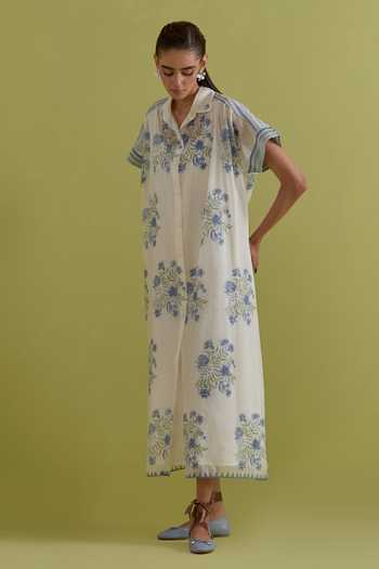 Upavita_Off White Cotton, Chanderi Collared Floral Hand-block Print Dress _at_Aza_Fashions