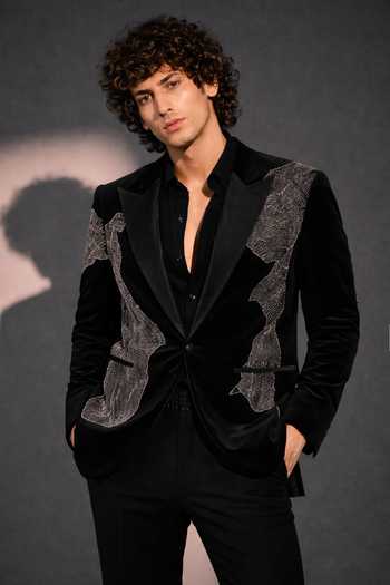 Buy_Rohit Doshi_Black Velvet, Polyester Void Embroidered Suit And Pant Set _Online_at_Aza_Fashions