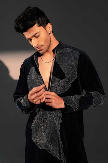 ROHIT DOSHI_Blue Velvet, Polyester Silent Storm Embroidered Kurta Set _Online_at_Aza_Fashions