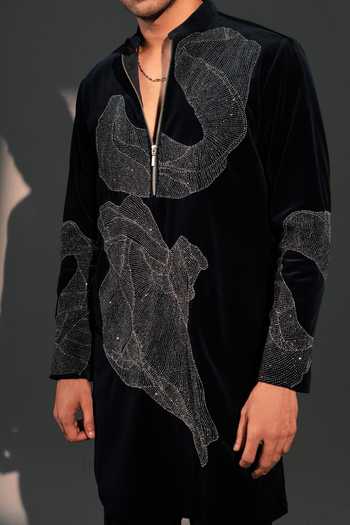 Buy_ROHIT DOSHI_Blue Velvet, Polyester Silent Storm Embroidered Kurta Set _Online_at_Aza_Fashions
