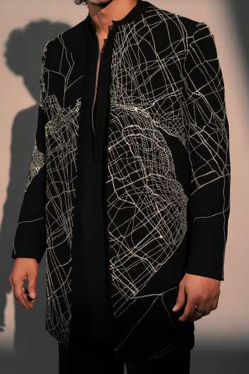Rohit Doshi_Black Polyester Silver Static Embroidered Jacket And Pant Set _Online_at_Aza_Fashions