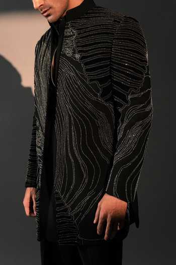 ROHIT DOSHI_Black Polyester Tidal Trace Embroidered Jacket And Kurta Set _Online_at_Aza_Fashions