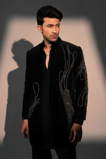 Buy_ROHIT DOSHI_Black Velvet, Polyester Twilight Embroidered Jacket And Kurta Set _Online_at_Aza_Fashions