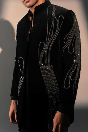 ROHIT DOSHI_Black Velvet, Polyester Twilight Embroidered Jacket And Kurta Set _Online_at_Aza_Fashions