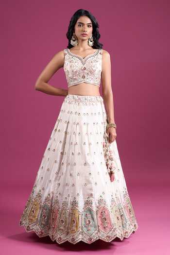 Buy_Samyukta Singhania_Cream Tissue Sweetheart Neck Sequinned And Zari Embroidered Lehenga Set _Online_at_Aza_Fashions