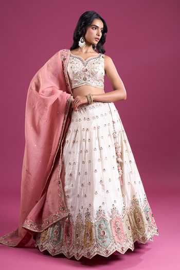 Shop_Samyukta Singhania_Cream Tissue Sweetheart Neck Sequinned And Zari Embroidered Lehenga Set _Online_at_Aza_Fashions