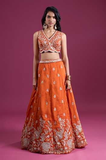 Samyukta Singhania_Orange Tissue V-neck Sequinned And Zari Embroidered Lehenga Set _at_Aza_Fashions