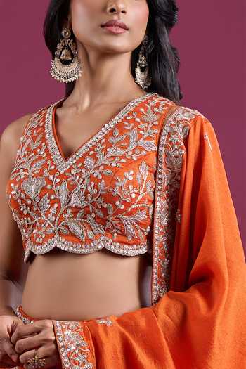 Buy_Samyukta Singhania_Orange Tissue V-neck Sequinned And Zari Embroidered Lehenga Set 