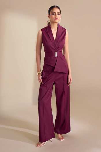 Naintara Bajaj_Wine Lycra Sharp Lapel Asymmetric Waistcoat _Online_at_Aza_Fashions