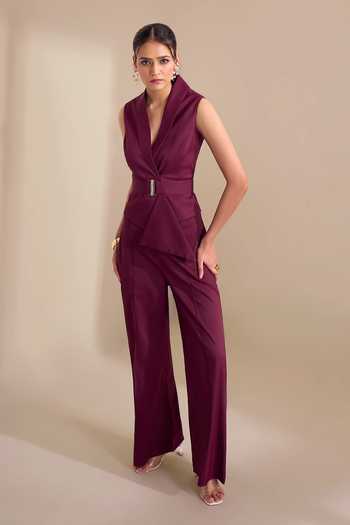 Buy_Naintara Bajaj_Wine Lycra Sharp Lapel Asymmetric Waistcoat _Online_at_Aza_Fashions