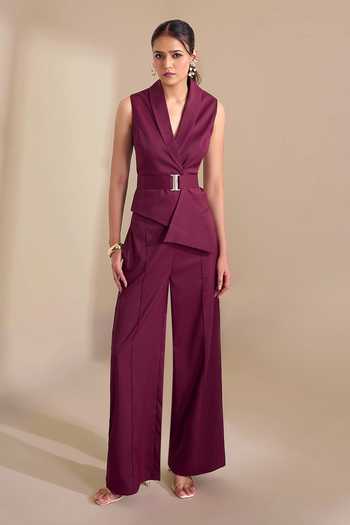 Shop_Naintara Bajaj_Wine Lycra Sharp Lapel Asymmetric Waistcoat _Online_at_Aza_Fashions