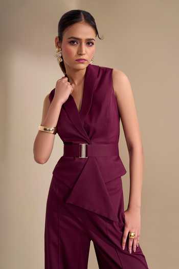 Naintara Bajaj_Wine Lycra Sharp Lapel Asymmetric Waistcoat _at_Aza_Fashions