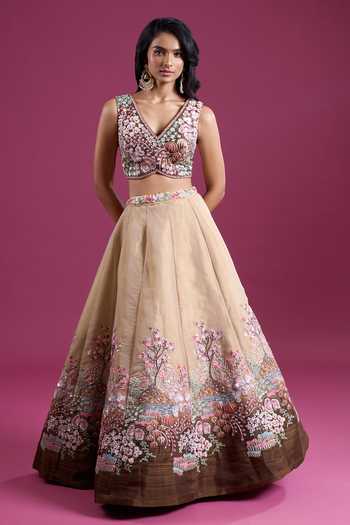 Samyukta Singhania_Brown Net V-neck Sequinned And Zari Embroidered Lehenga Set _Online_at_Aza_Fashions