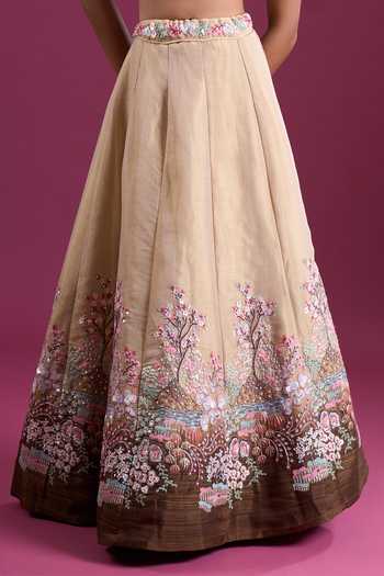 Buy_Samyukta Singhania_Brown Net V-neck Sequinned And Zari Embroidered Lehenga Set _Online_at_Aza_Fashions