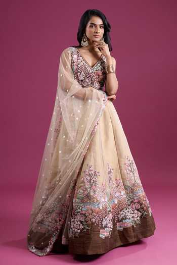 Shop_Samyukta Singhania_Brown Net V-neck Sequinned And Zari Embroidered Lehenga Set _Online_at_Aza_Fashions
