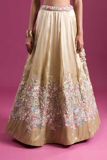 Samyukta Singhania_Beige Tissue Sweetheart Neck Sequinned And Zari Embroidered Lehenga Set _Online_at_Aza_Fashions
