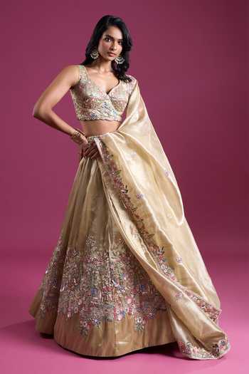 Buy_Samyukta Singhania_Beige Tissue Sweetheart Neck Sequinned And Zari Embroidered Lehenga Set _Online_at_Aza_Fashions
